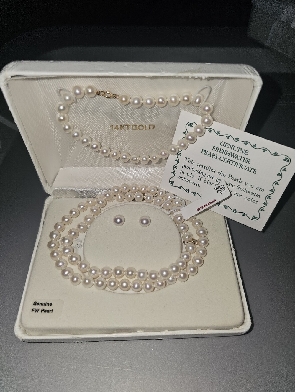 Freshwater Pearl 18” Necklace, Bracelet Earrings 14K Gold Clasp & 14K Gold Posts